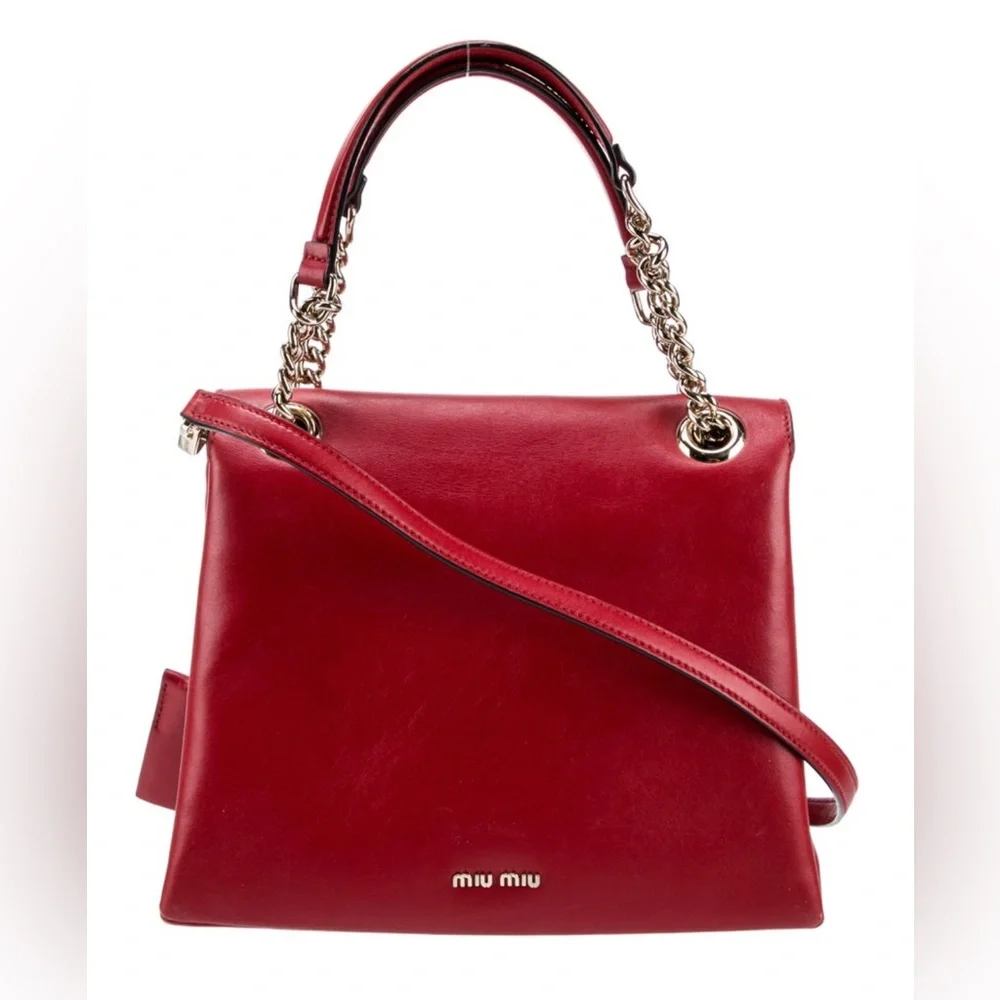 Very rare Miu Miu $2500 Authentic Red Leather Chain Handle Shoulder Bag.
